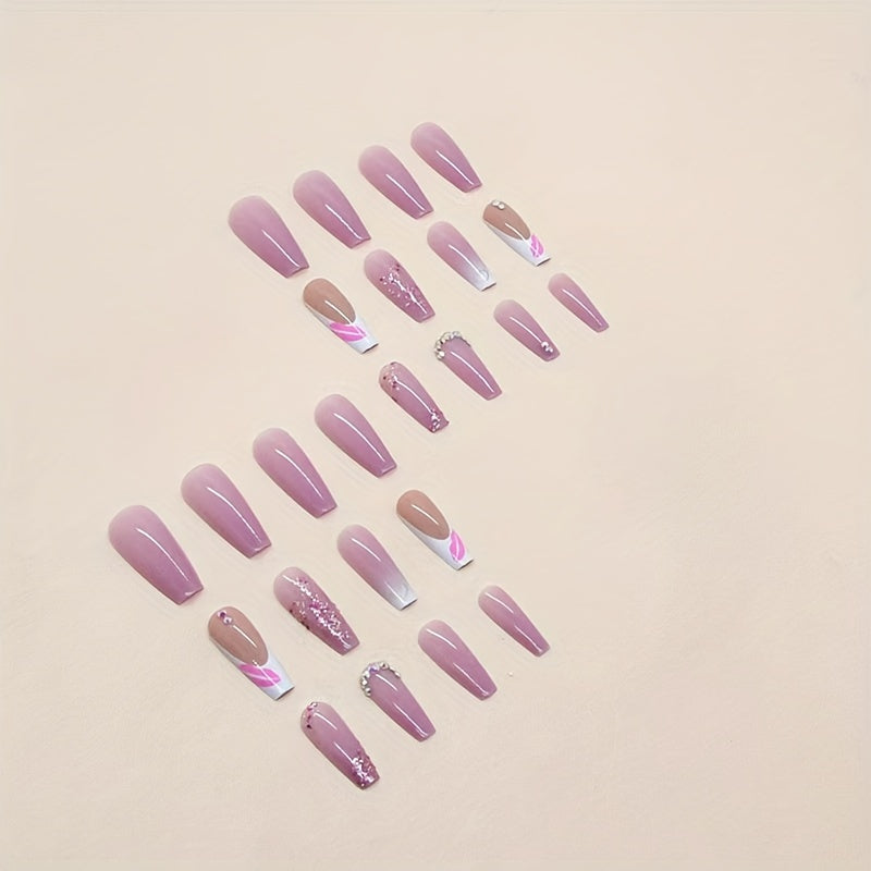 24pcs Long Coffin Press-On Nails Set, Ballet Shape, French Red Lip Sparkle, Versatile Pink Tones, with Nail File, Jelly Glue, and Nail Remover Stick, Love & Rhinestone Design, Beauty Personal Care